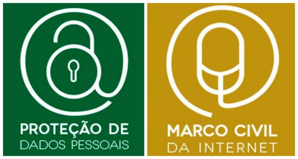 On the left, a white outline of an illustration of a padlock on a green background with the phrase "Protection of personal data". On the right, a white outline of an illustration of a mouse on a yellow background with the phrase "Marco Civil da Internet"