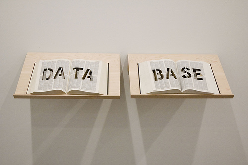 Imagem de dois livros abertos apoiados em uma mesa de madeira clara. No primeiro livro está escrito, em letras grandes "Data", e no segundo livro "Base".