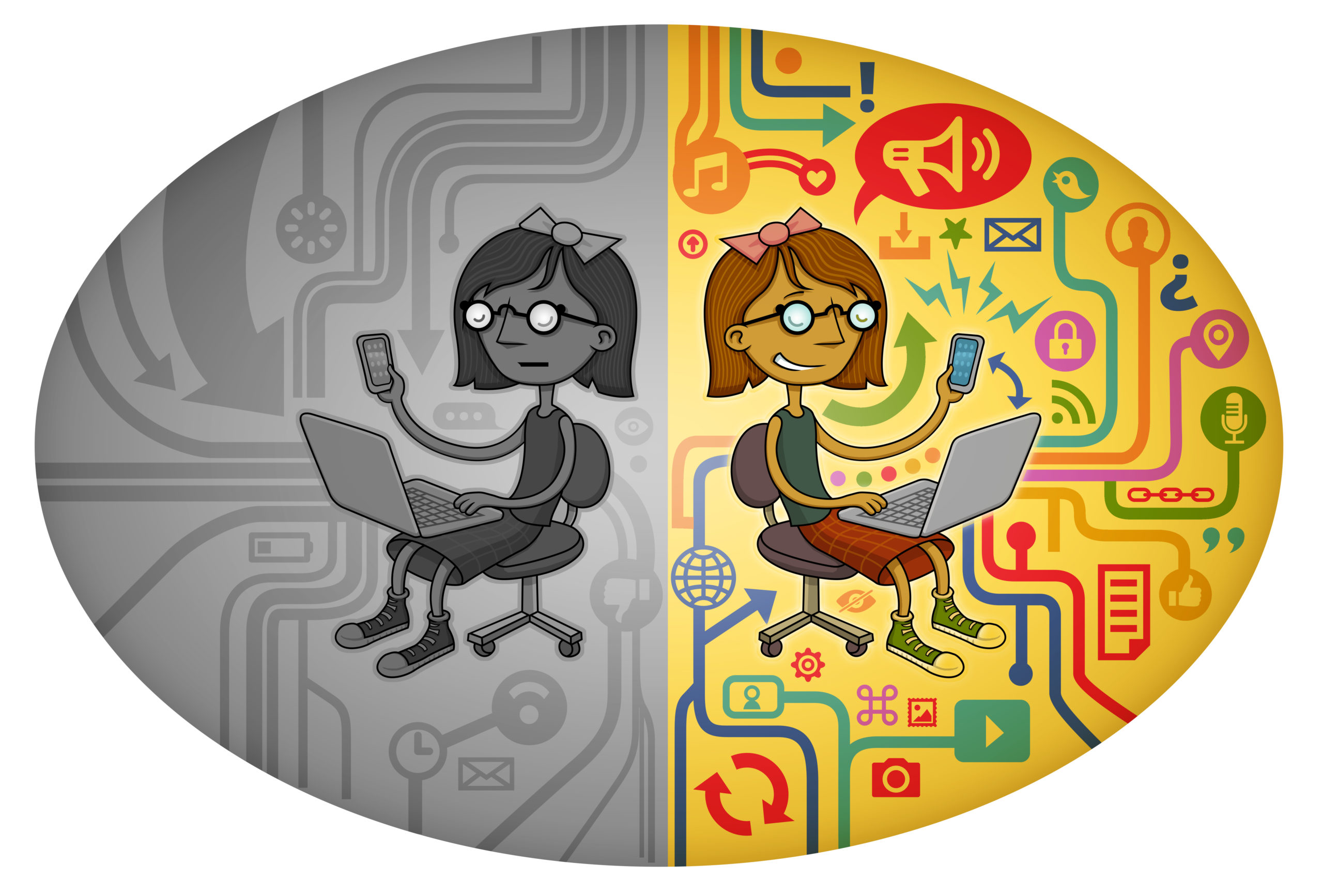 illustration in oval format, divide in two. On the left side, there is a picture of a sad girl, in black and white, using a computer and a cell phone, looking for a signal. On the right, the girl is in color, smiling, using the computer, on a yellow background, with several connections.