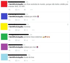 Imagem de um printscreen do Twitter com tuítes com a Hashtag "Sem o WhatsApp Eu"