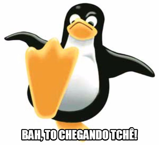 Ilustração de um pinguim bravo pisando. O pé do pinguim está em primeiro plano. Na parte inferior da imagem está escrito: "Ban, to chegando tchê!".