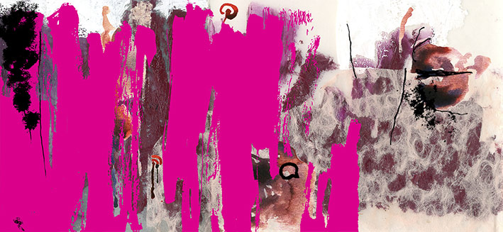 Ilustração em tons de rosa e bordô. Ao lado esquerdo, já pinceladas em rosa, ao lado direito, há um fundo bege com manchas cinzas e em bordô.