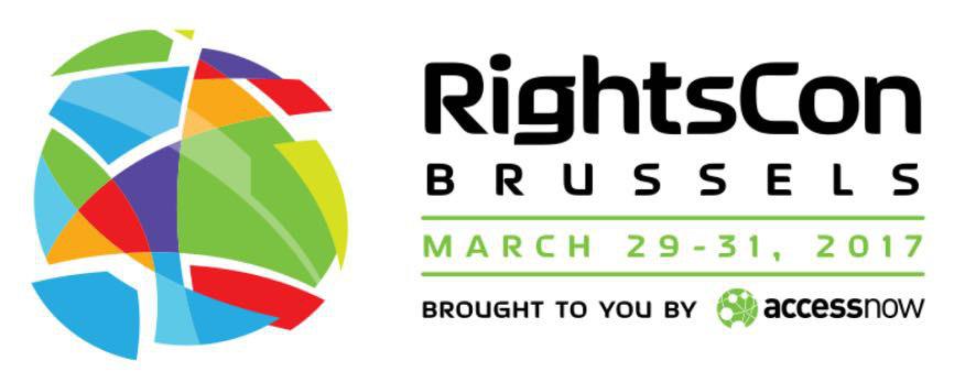 Imagem de divulgação da RightsCon. À direita, uma ilustração de diversos blocos das cores azul, verde, roxo, vermelho e amarelo se unindo a imagem de um círculo fragmentado. À esquerda, o texto em preto: RightsCon Brussels Brought to you by acessnow" e em verde: "March 29-31, 2017", em fundo branco.