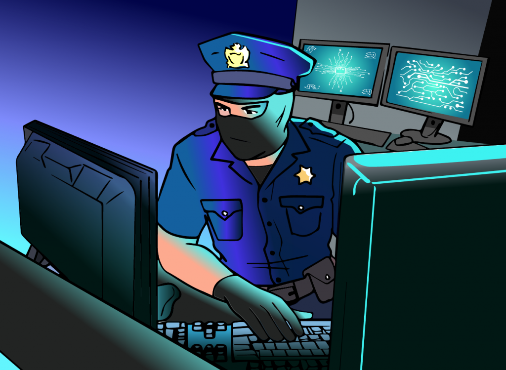 Illustration of a man wearing a police uniform and black hood and gloves, in a dark room around 4 computer monitors, two behind and two in front of him.