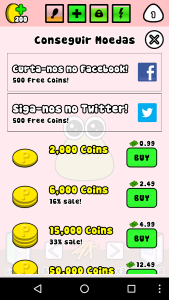 Print de tela da loja do jogo Pou, com o título "Conseguir Moedas" e os textos: "Curta-nos no Facebook! - 500 Free Coins!", com um ícone do Facebook; e "Siga-nos no Twitter! - 500 Free Coins!", com um ícone do Twitter. Abaixo são apresentadas opções de compras com ícones de moeda e botão de compra em verde escrito "Buy": 2,000 Coins - 0.99; 6,000 Coins (16% sale!) - 2.69; e 15,000 Coins (33% sale!) - 4,99.