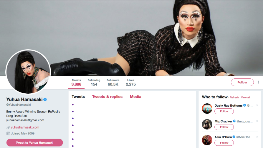 Print screen of Yuhua Hamasaki's Twitter profile when the Tune plugin is being used. All the tweets have been replaced with colored dots, indicating that they are possibly toxic content. 