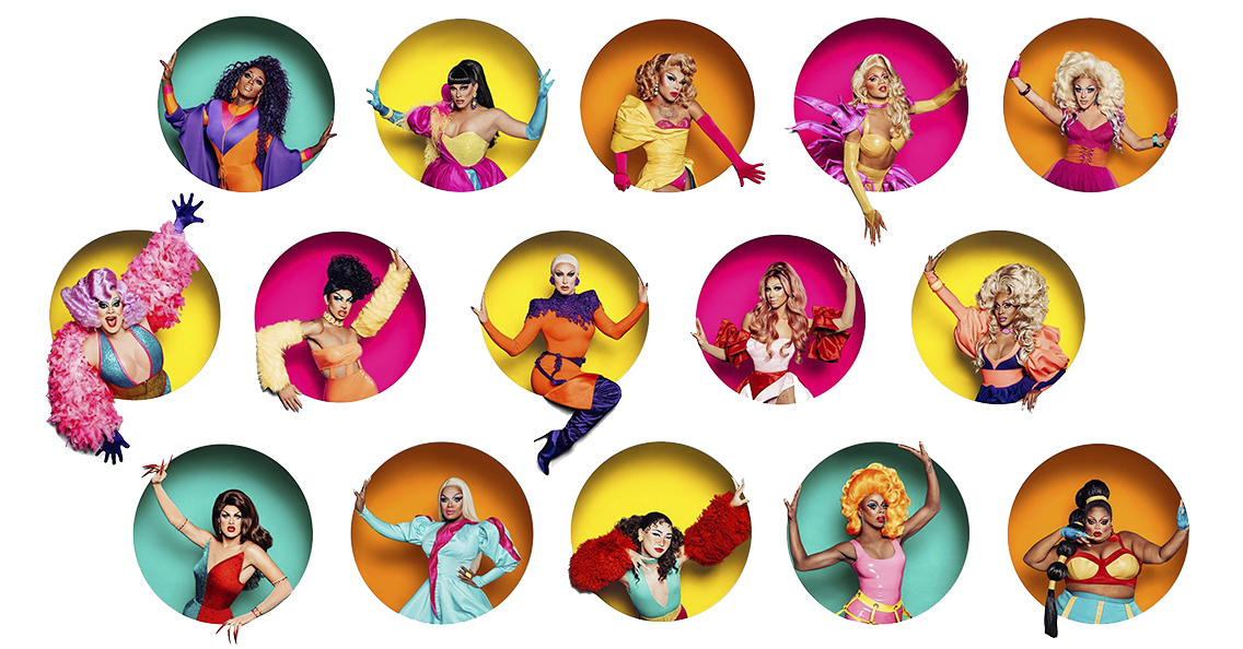 Montage with pictures of drag queens participating in the show "RuPaul's Drag Race". 