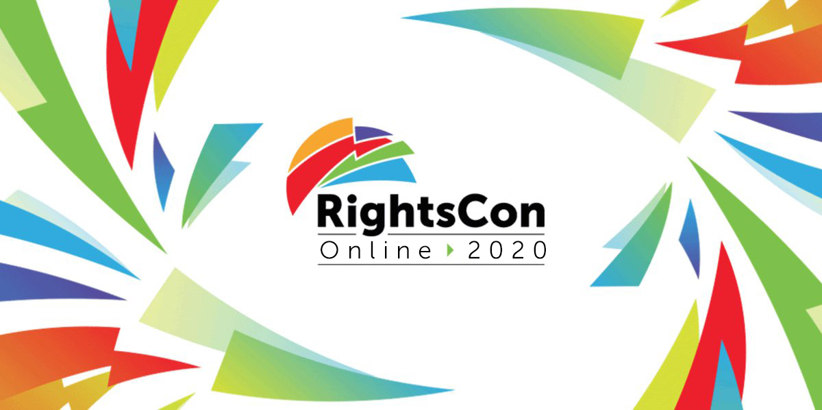 Imagem ilustrativa de cartaz com detalhes colorido da RightsCon 2020. Ao centro da imagem está escrito RightsCom Online 2020.