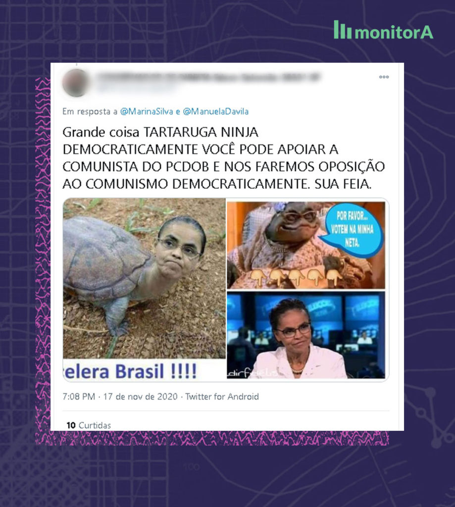"In reply to @MarinaSilva and @ManuelaDavila Big deal Ninja turtle Democratically you can support a communist from the PC do B and we will oppose communism democratically. You ugly person". 7:08 17th November 2020 – Twitter for Android