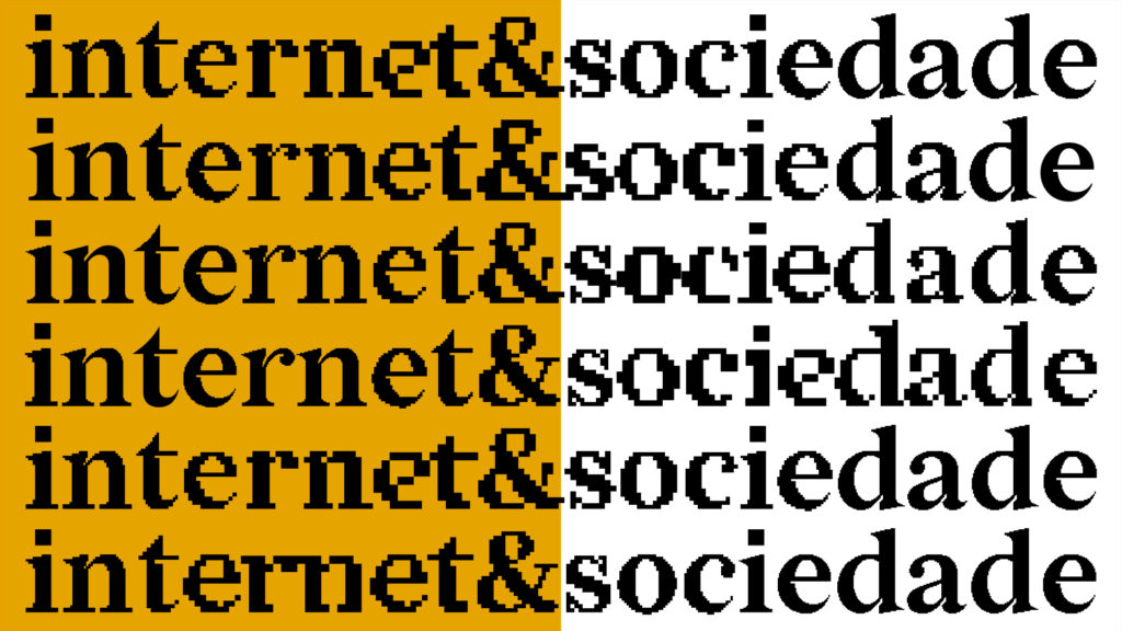 Imagem em duas cores: amarelo e branco tendo escrito ''Internet&Sociedade" repetido seis vezes em todo espaço.