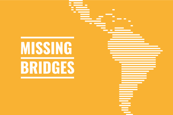 Arte de mapa da América do Sul em fundo laranja, com o texto: "missing bridges"