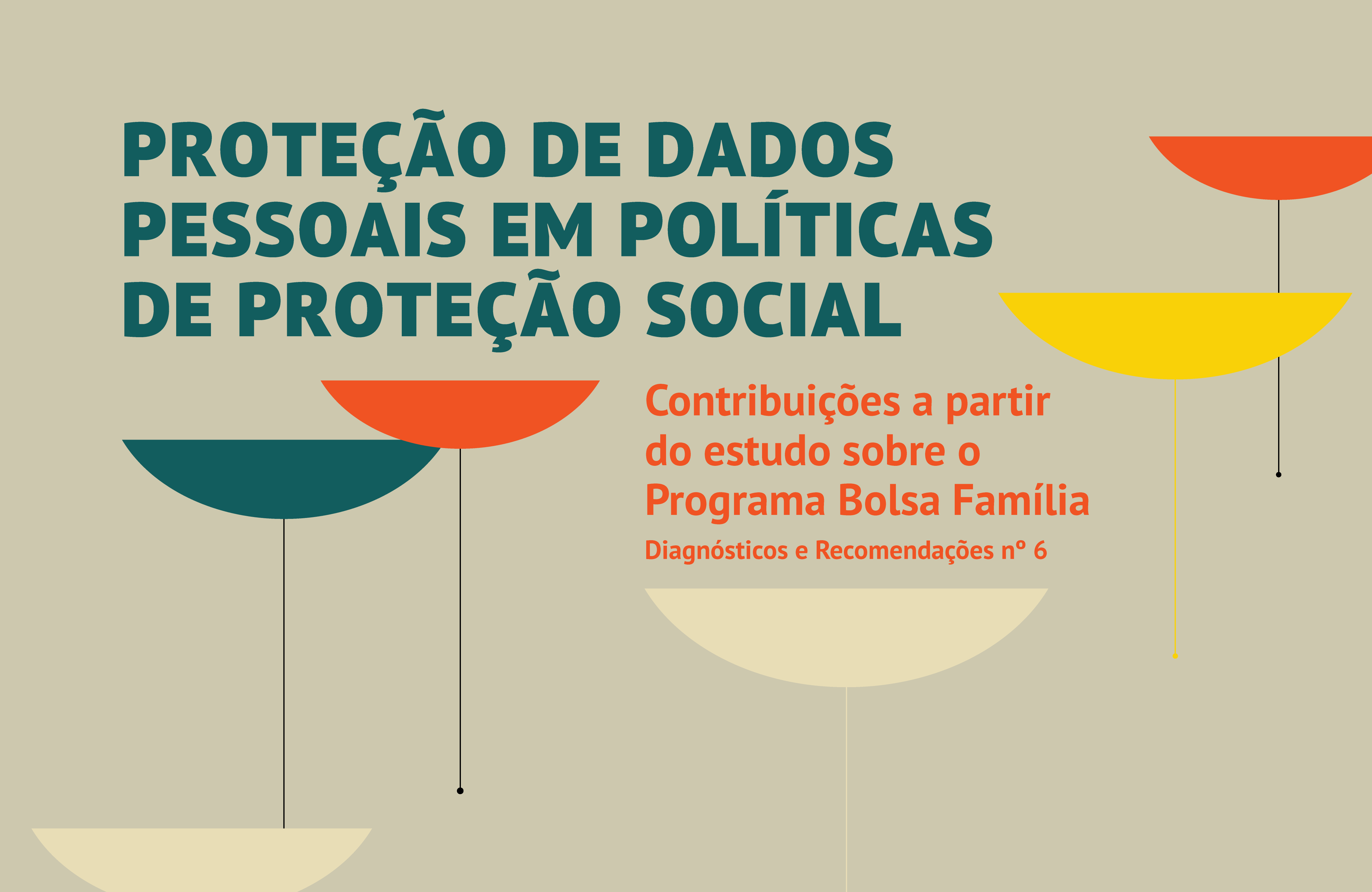 Imagem apresenta o texto "Proteção de dados pessoais em políticas de proteção sociais: contribuições a partir do estudo sobre o Programa Bolsa Família. Diagnósticos e recomendações nº6. Ao fundo, ilustrações de semicircunferências, em referência a pratos, nas cores amarelo, laranja e verde.