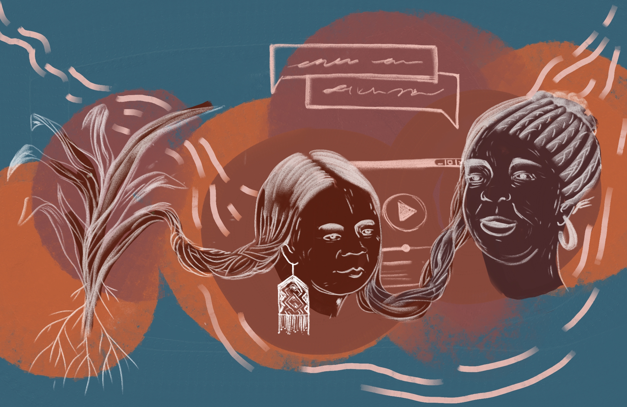 Ilustração com duas mulheres negras, uma criança e outra já adulta, que se conectam pelas tranças e na natureza, em referência à ancestralidade e aos saberes de comunidades tradicionais, sobretudo ao conhecimento. A arte foi feita por Stephanie Pollo.